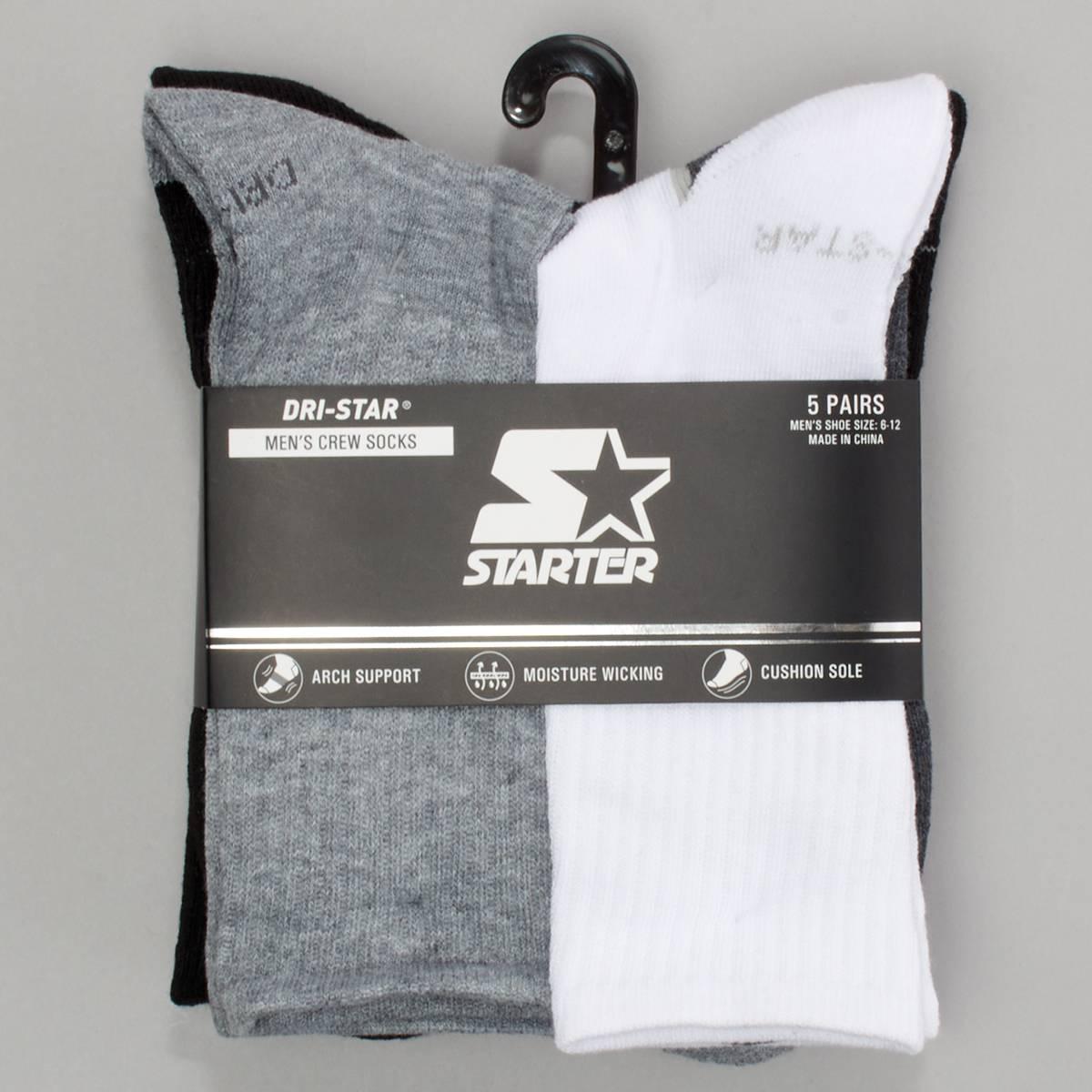 Mens Starter 5Pk Color Block Footbed Crew Socks-White/Black/Grey