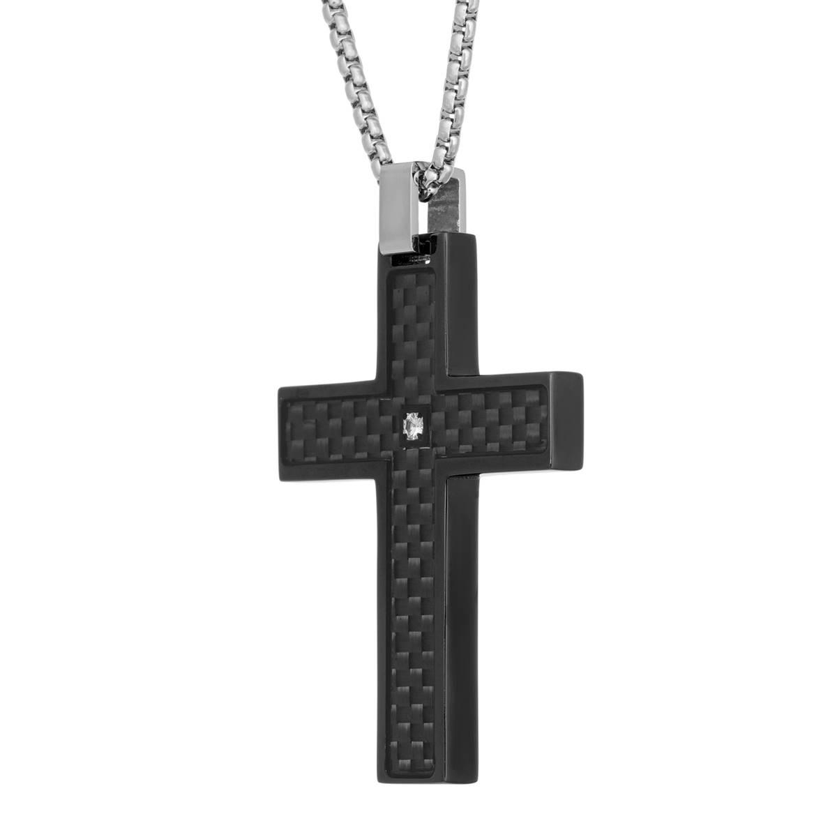 Mens Lynx Stainless 1/8ctw. Diamond & Black IP Cross Pendant