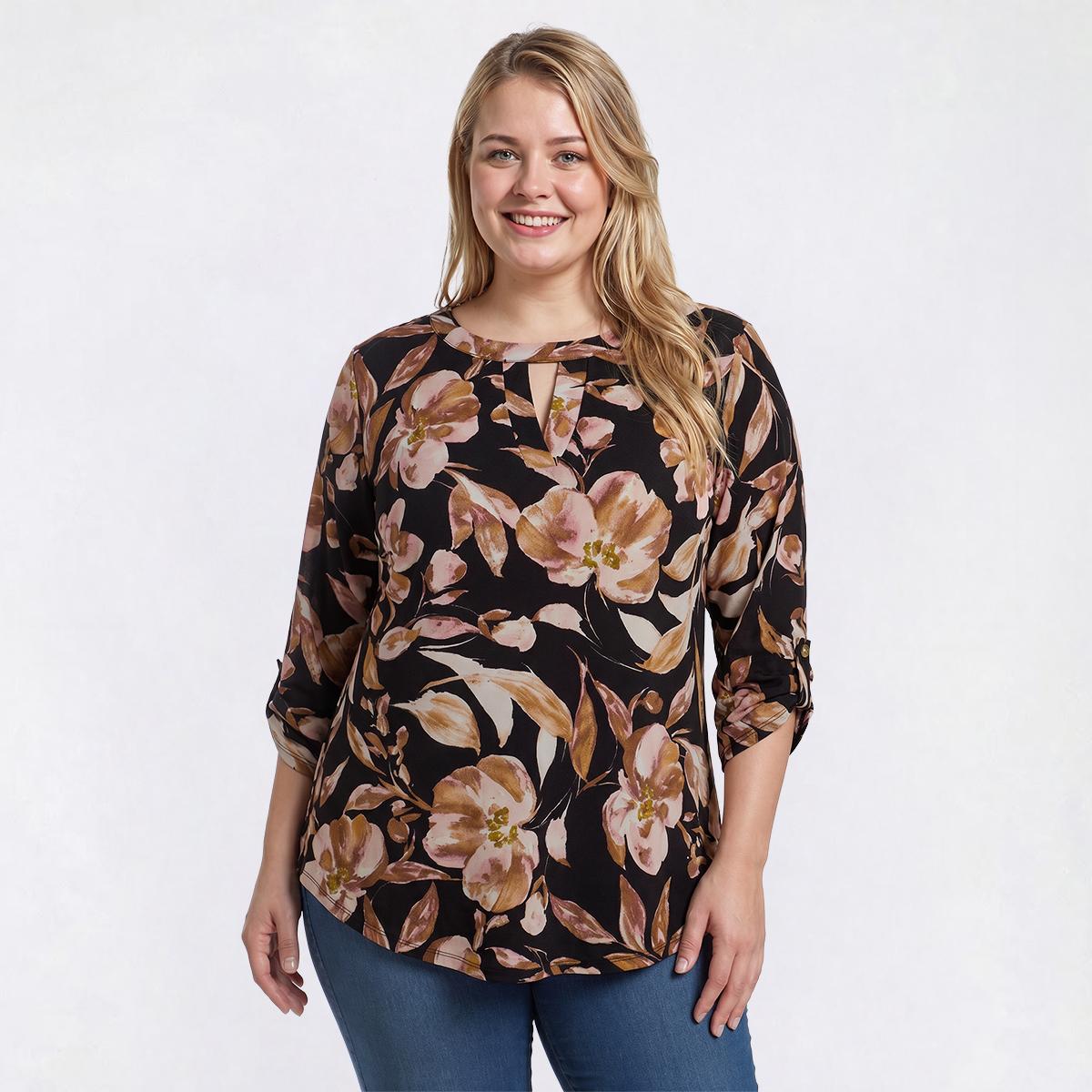 Plus Size Cure 3/4 Roll Tab Sleeve Keyhole Neck Floral Blouse