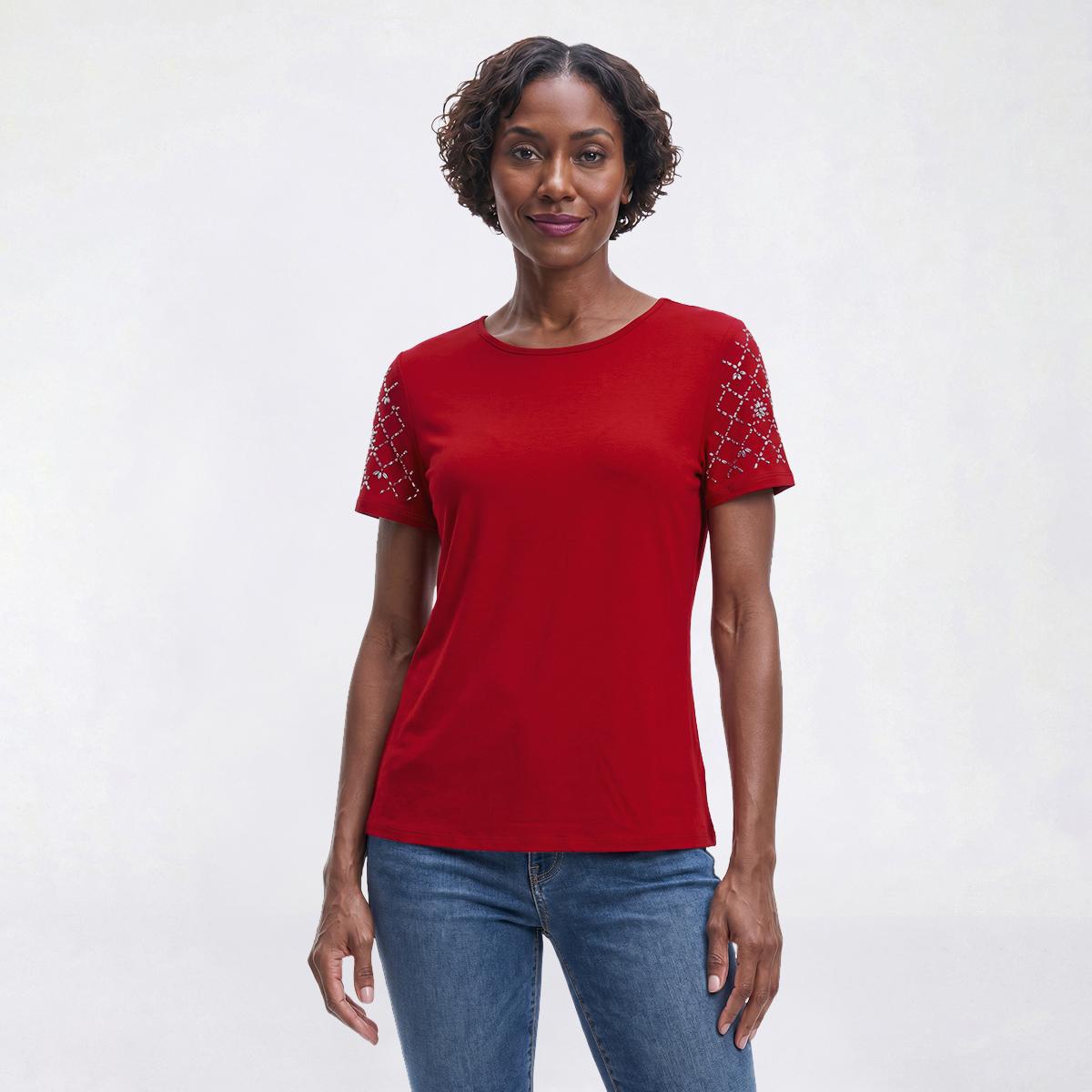 Womens Love Scarlet Short Beaded Sleeve Solid Blouse