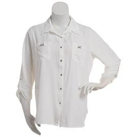 Plus Size Notations 3/4 Sleeve Solid Button Front Blouse