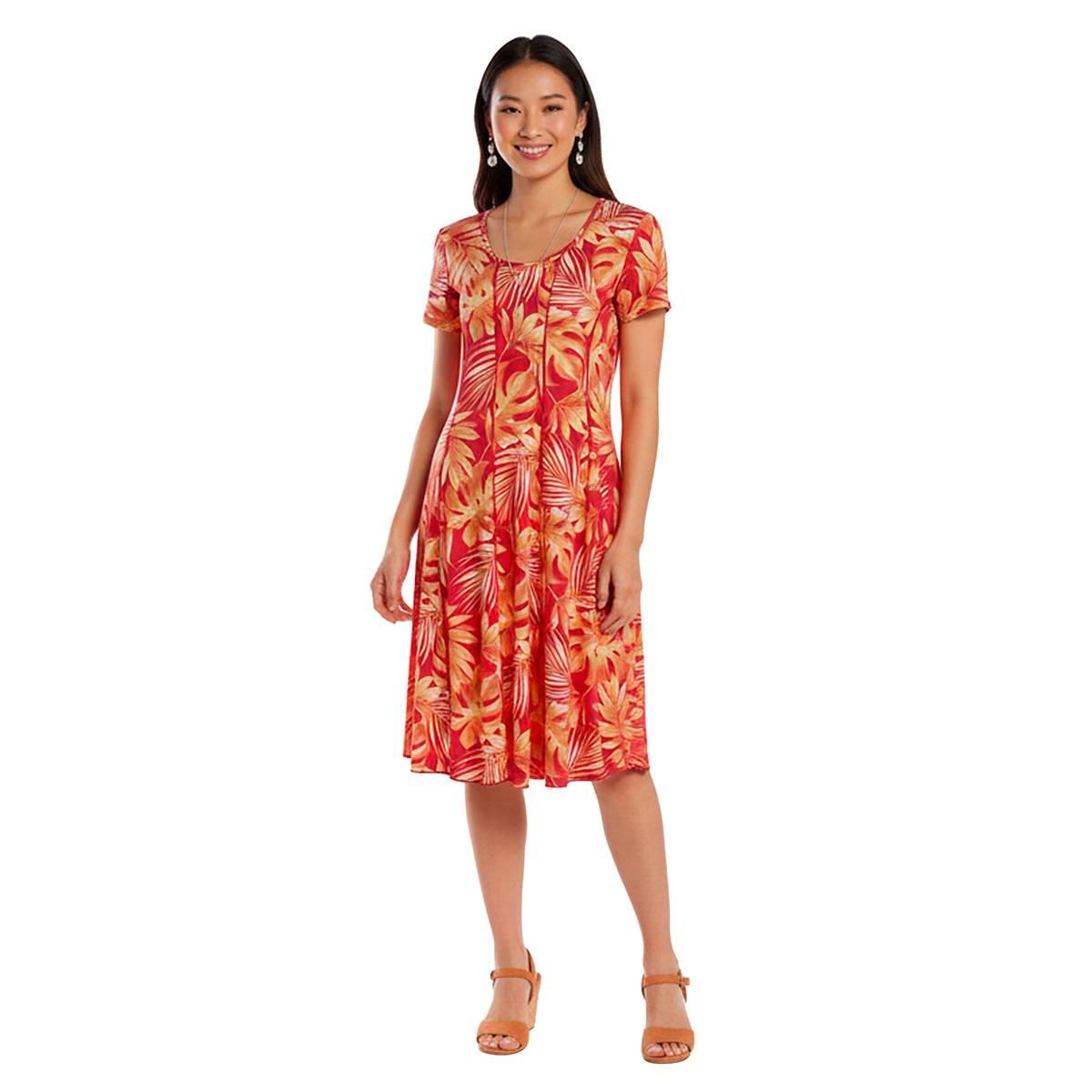 Womens Sami & Jo Short Sleeve Seam Tropical Leaf A-Line Dress