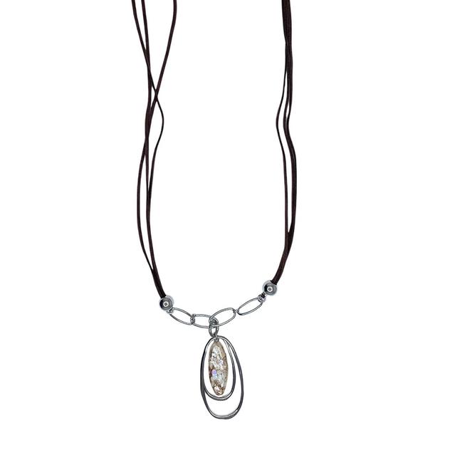 Silver-Tone Cord Oval Links Crackle Bead Pendant Necklace