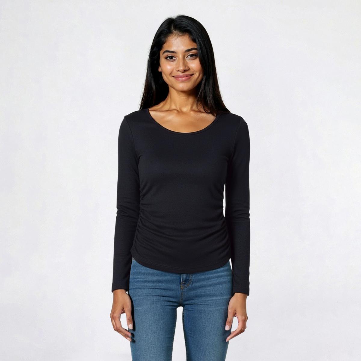 Juniors No Comment Fleece Lined Crew Neck Side Ruched Top