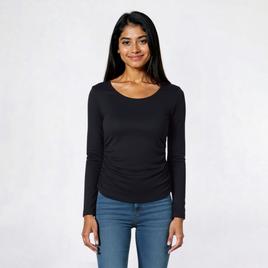Juniors No Comment Fleece Lined Crew Neck Side Ruched Top