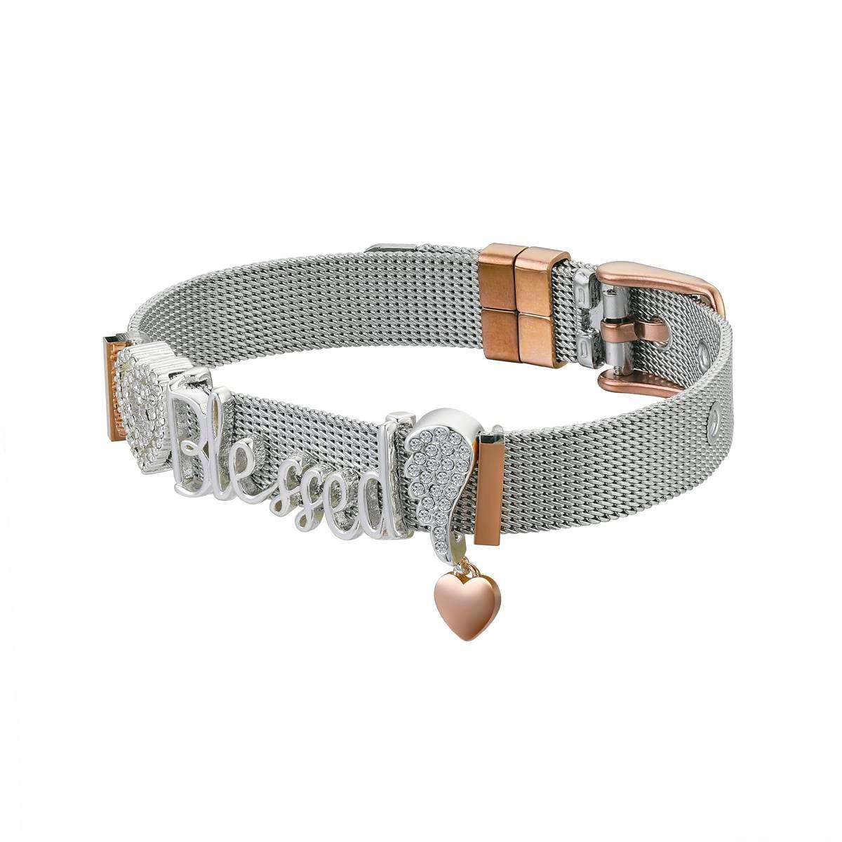 Shine Blessed Crystal Heart & Angel Wing Mesh Bracelet