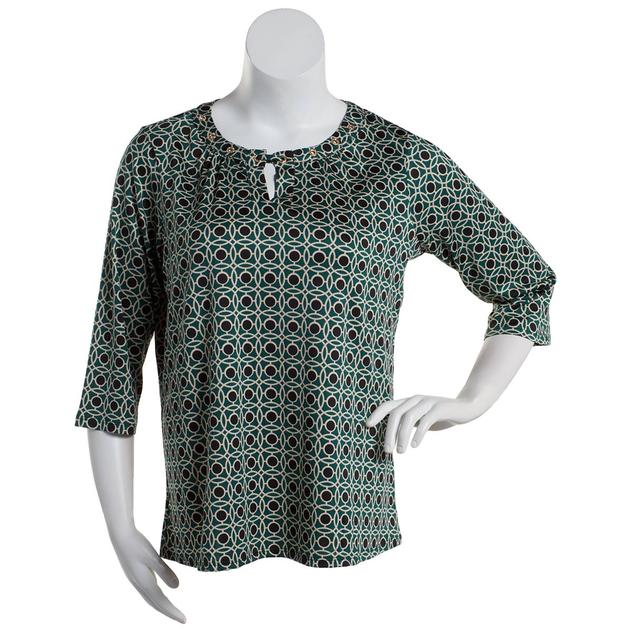 Plus Size Notations 3/4 Sleeve Geo Grommet Neck Knit Blouse