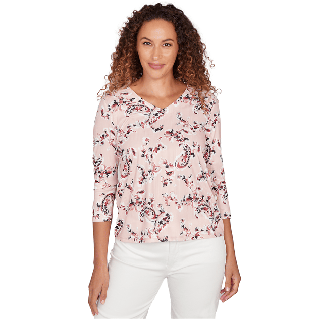 Womens Emaline Key Items 3/4 Sleeve V Neck Floral Paisley Tee
