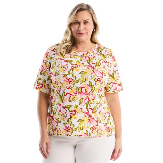 Plus Size Rafaella® Short Sleeve Petal Dance Pom Trim Blouse