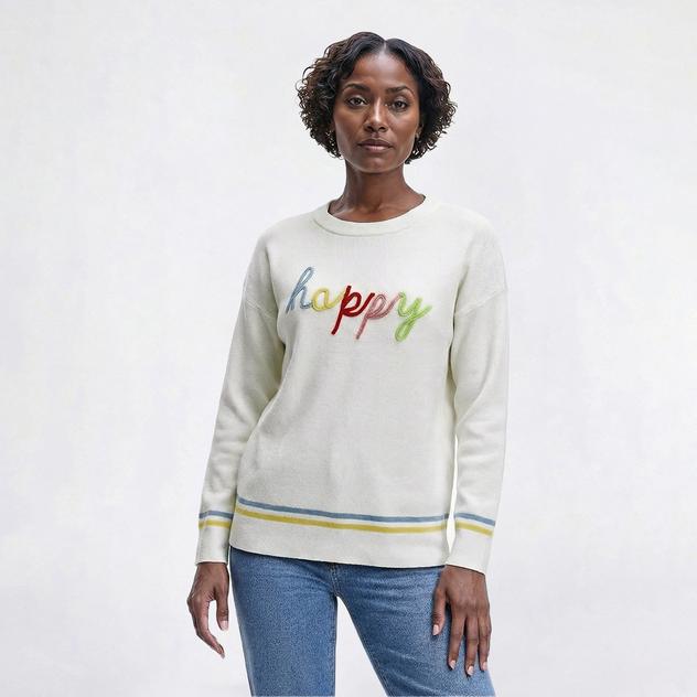 Womens Rio & Rian Long Sleeve Textured "Happy" Sweater