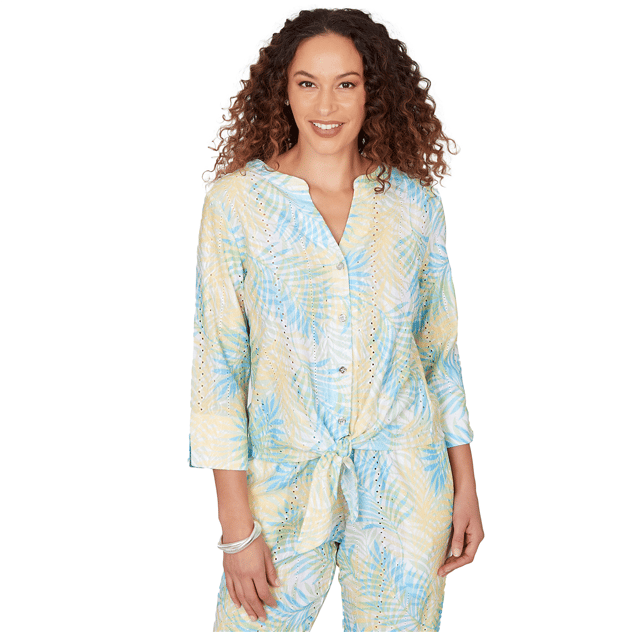 Womens Hearts of Palm Aqua Fresh 3/4 Sleeve Tropical Blouse