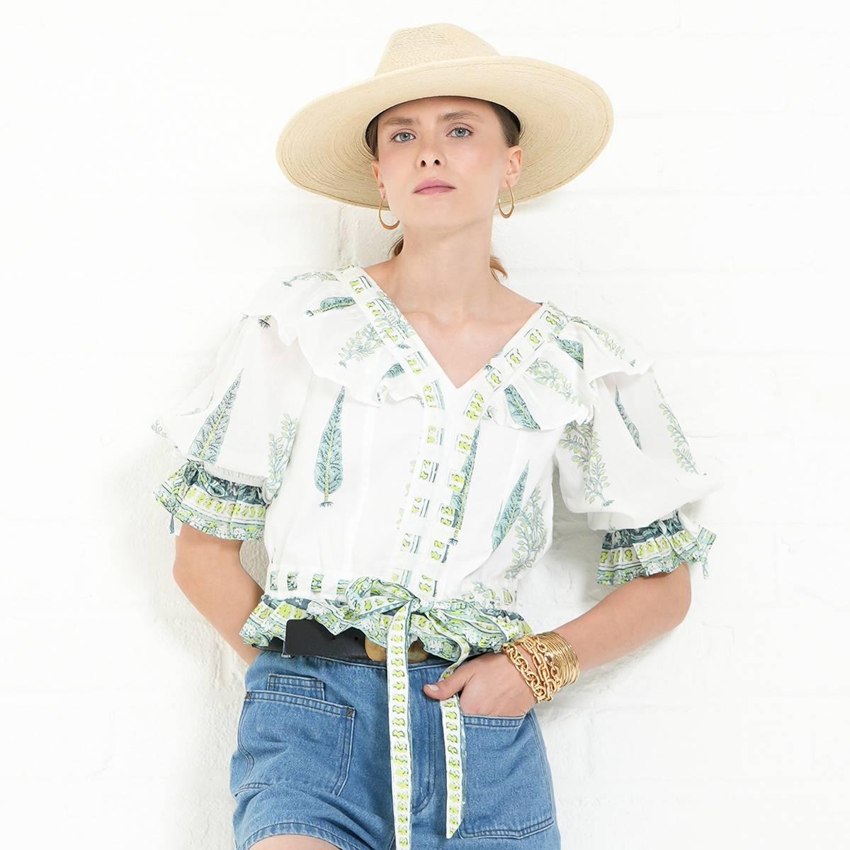 Womens MNK Elbow Sleeve V Neck Ruffle Blouse