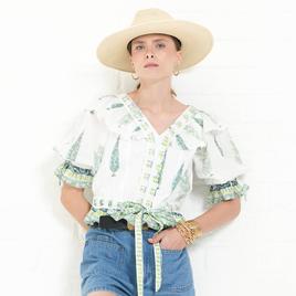 Womens MNK Elbow Sleeve V Neck Ruffle Blouse