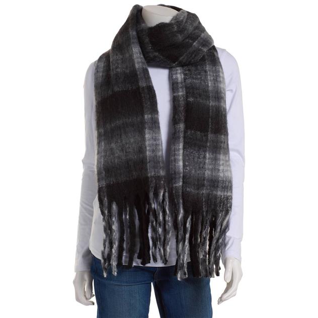 Womens Renshun Black Plaid Scarf with Noodle Fringes