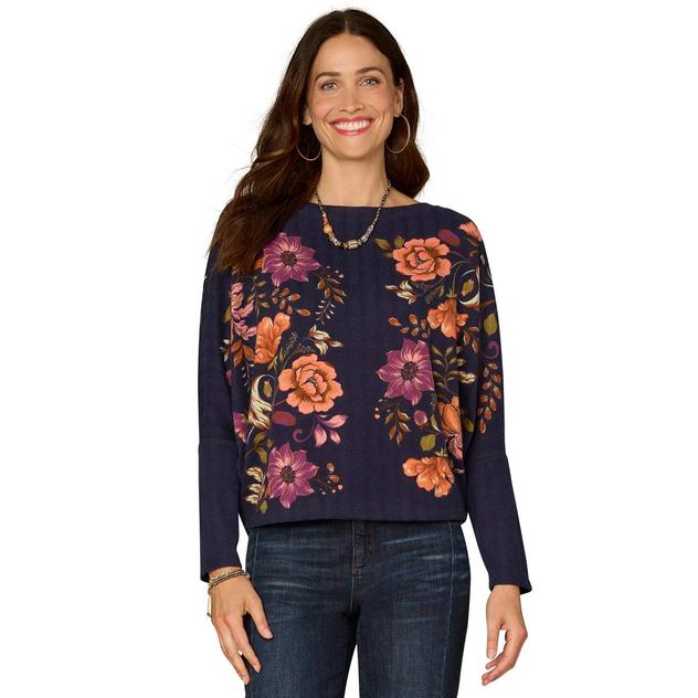 Womens Democracy Long Sleeve Boat Neck Floral Sweater