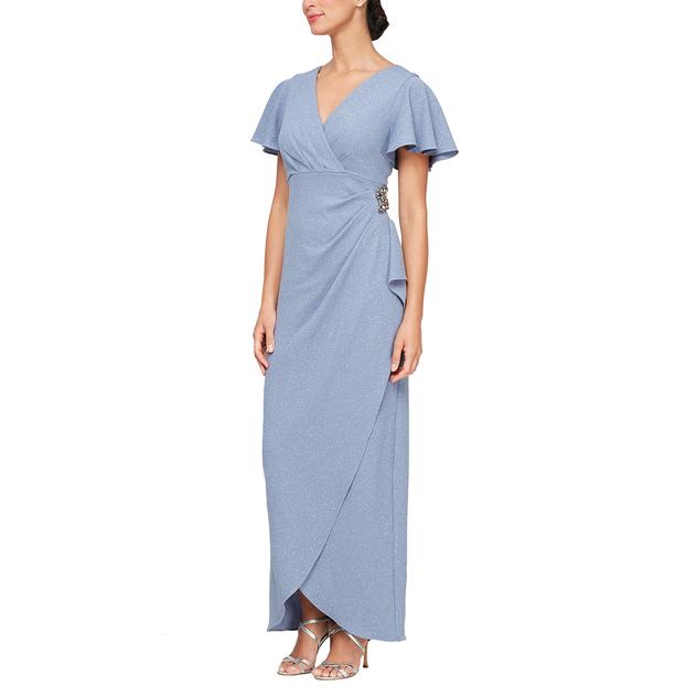 Petite SLNY Flutter Sleeve Side Embellished Evening Gown