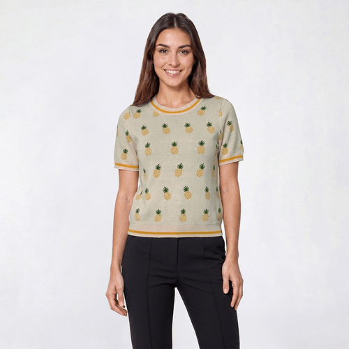 Womens Adrianna Papell Short Sleeve Pineapple Crew Neck Sweater