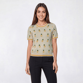 Womens Adrianna Papell Short Sleeve Pineapple Crew Neck Sweater