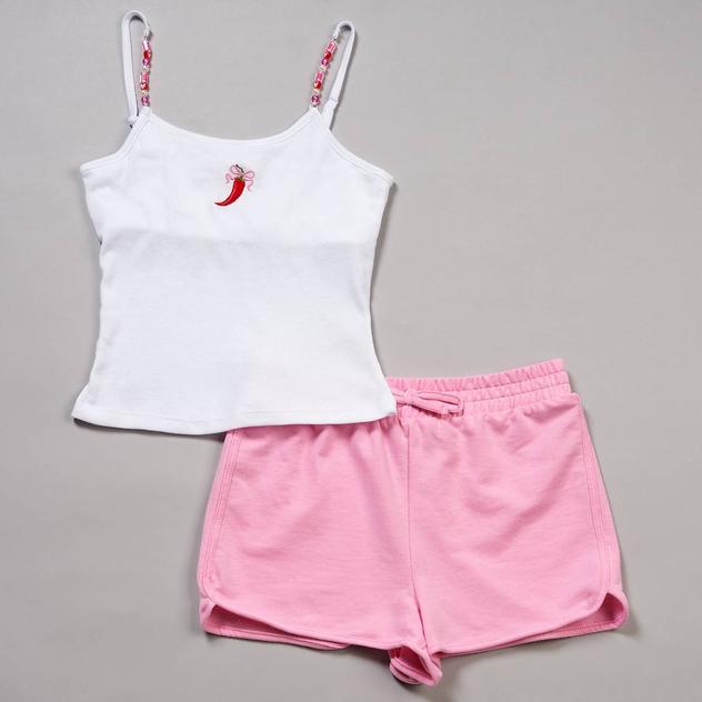 Girls (7-16) No Comment Beaded Strap Chili Pepper Tank & Shorts
