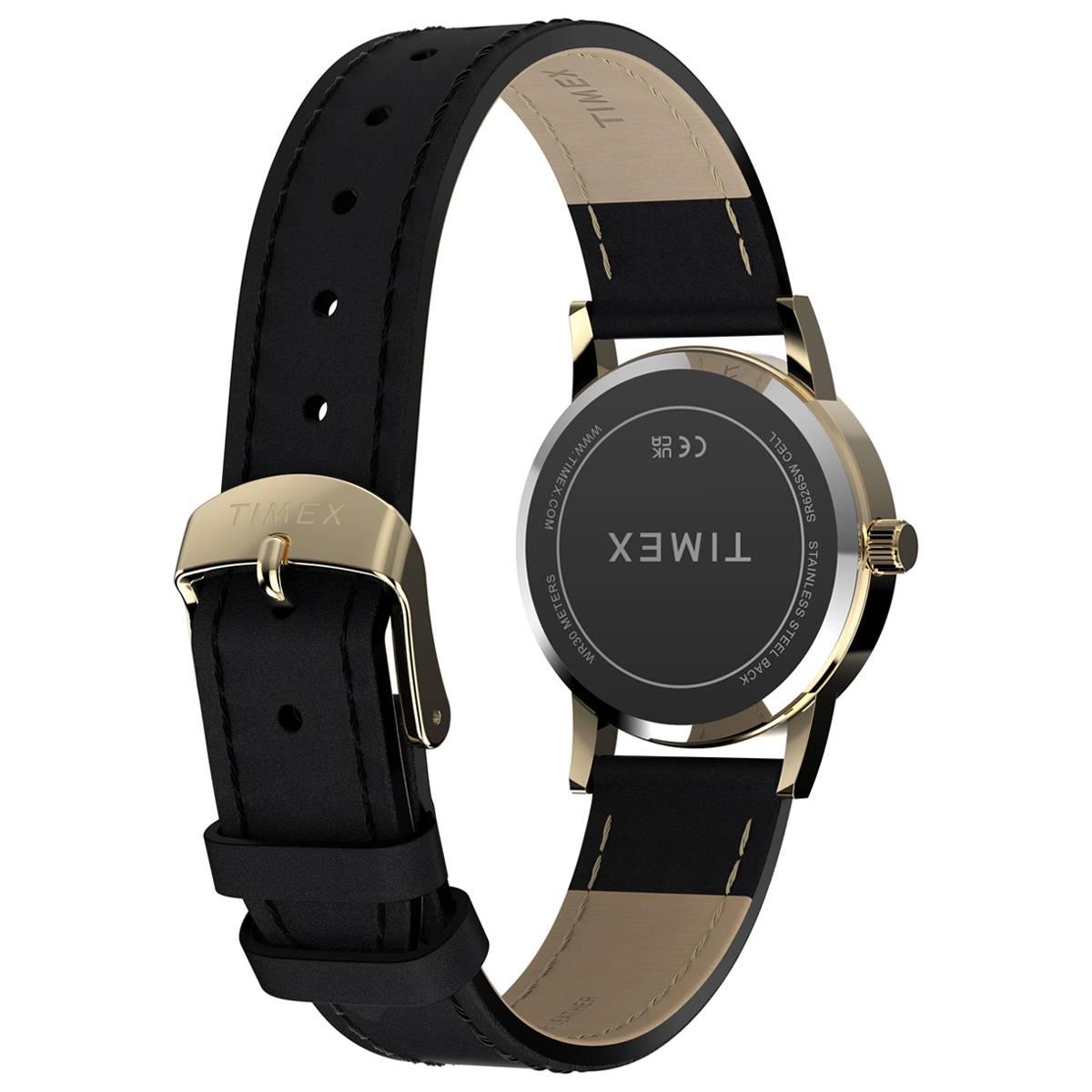 Womens Timex® Silver Dial Watch w/ Black Leather Strap