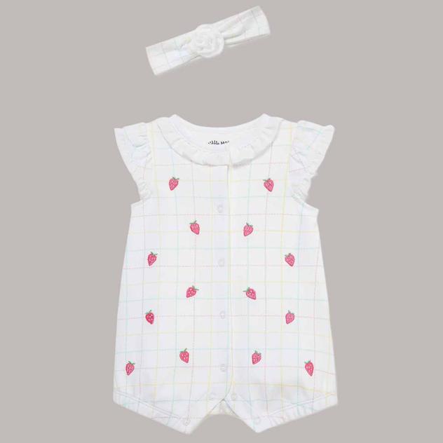 Baby Girl (3-12M) Little Me® Strawberry Grid Romper w/ Headband