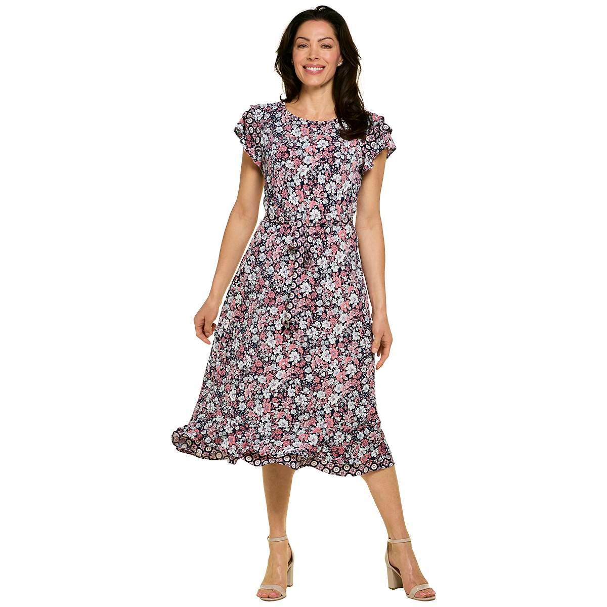 Womens Perceptions Short Sleeve Belted Floral Midi Dress
