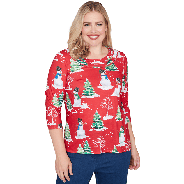 Womens Alfred Dunner Classics 3/4 Sleeve Snowmen Tee