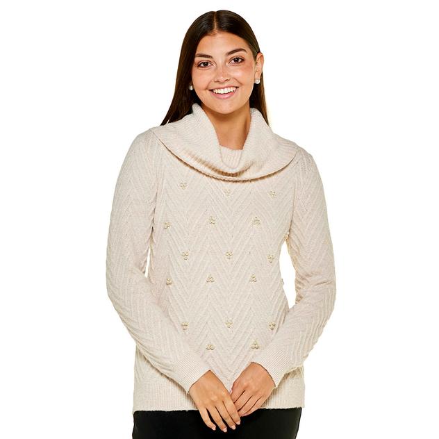 Womens Emaline Holiday Items Cowl Neck Pearl Jacquard Sweater