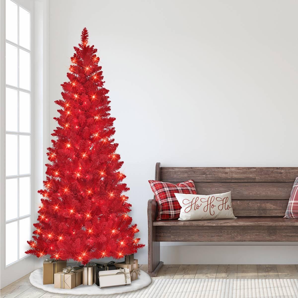 Puleo International 6.5ft. Pre-lit Flocked Fashion Red Tree