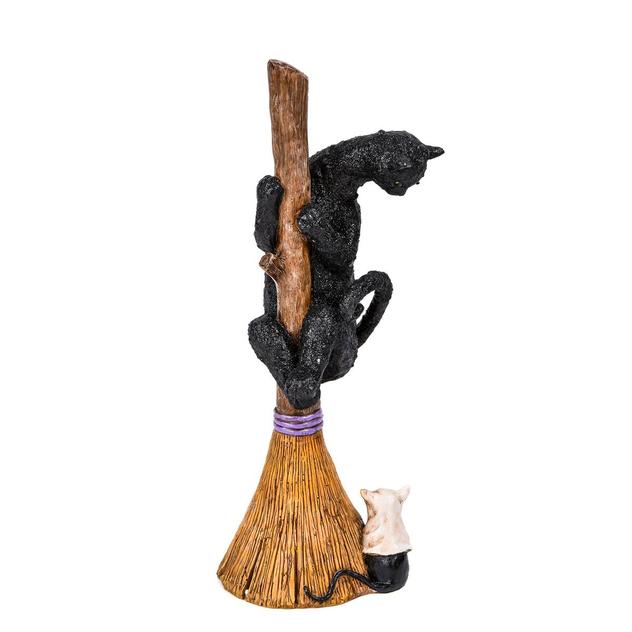 National Tree 13in. Halloween Black Cat Climbing Broom Figurine