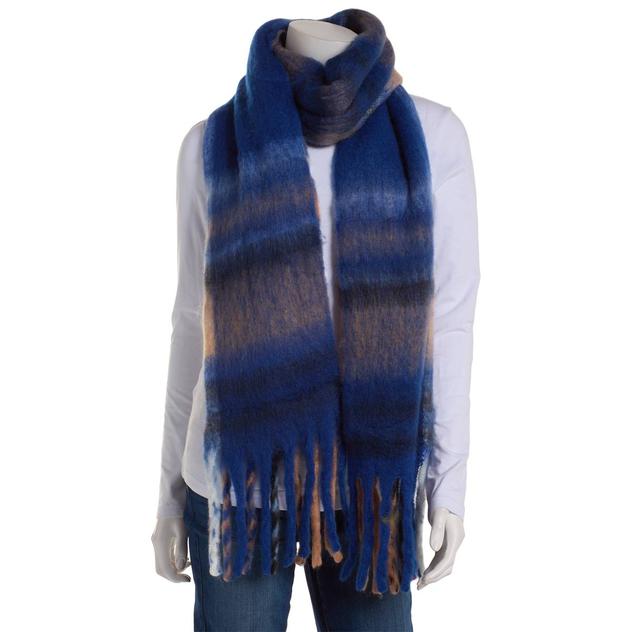 Womens Renshun Blue Plaid Blanket Scarf with Noodle Fringes
