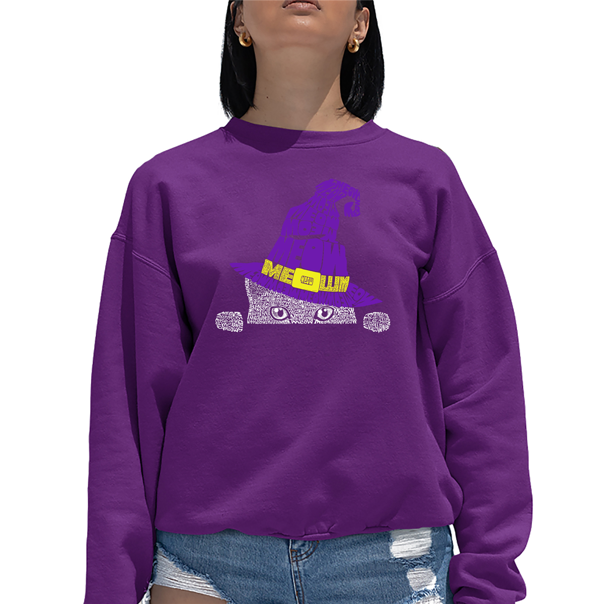 Plus Size LA Pop Art Peeking Witch Cat Word Art Sweatshirt