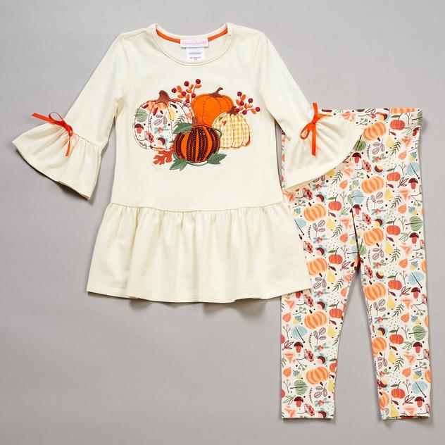 Girls (4-6x) Bonnie Jean 3/4 Sleeve Pumpkin Tunic & Leggings Set