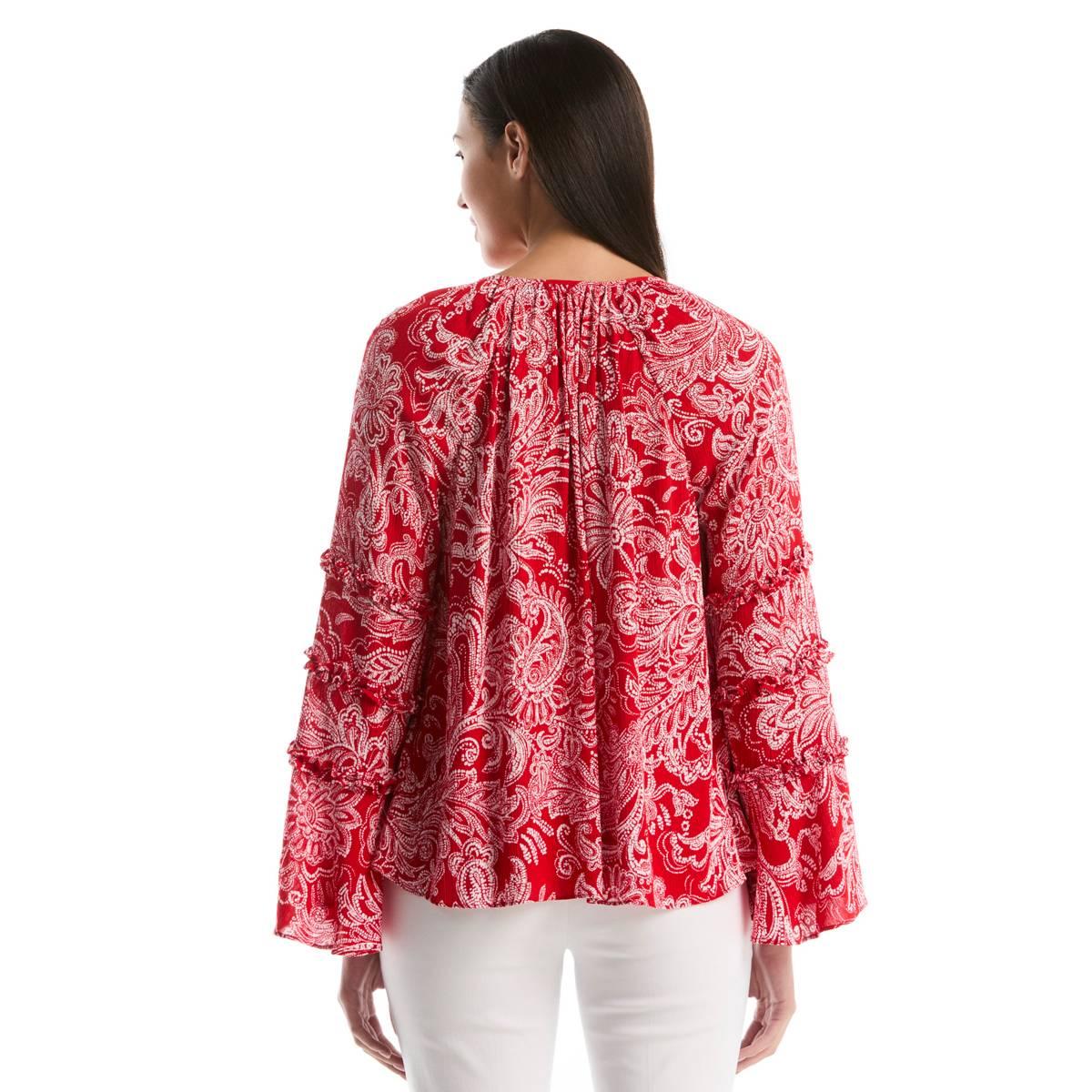 Womens Rafaella® Long Bell Sleeve Paisley Tie Neck Blouse