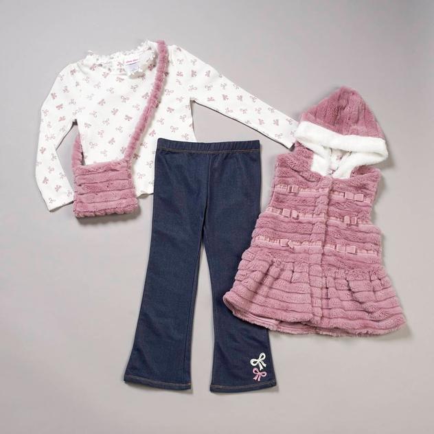 Girls (4-6x) Little Lass® 3pc. Faux Fur Vest w/ Flare Jegging Set