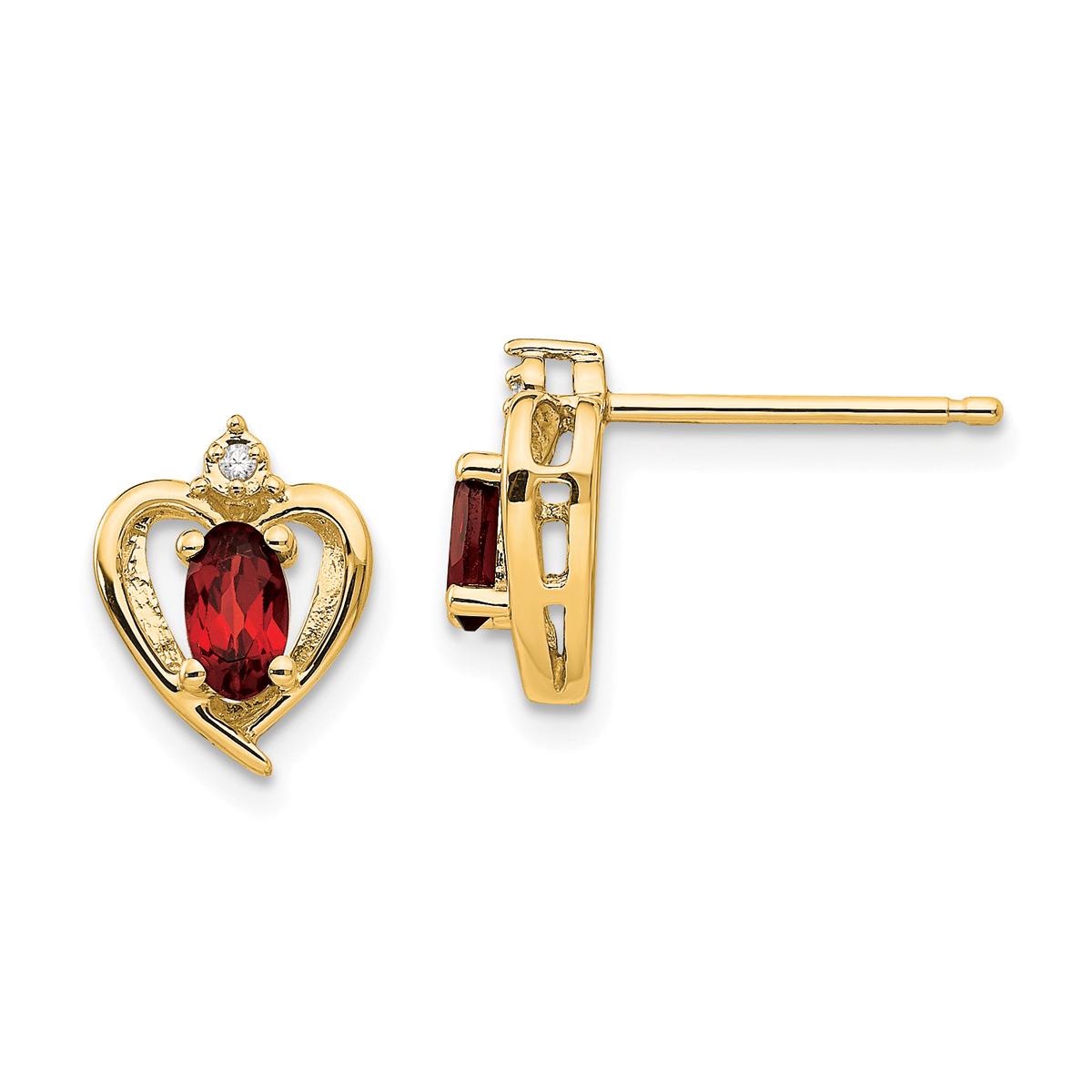 14k Garnet Diamond Stud Heart Earrings