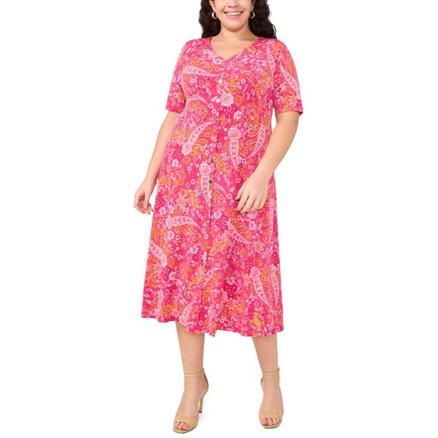 Plus Size MSK Elbow Sleeve Paisley Button Trim Midi Dress