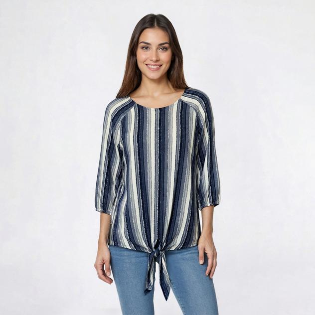 Petite Preswick & Moore® 3/4 Sleeve Tie Front Stripe Blouse