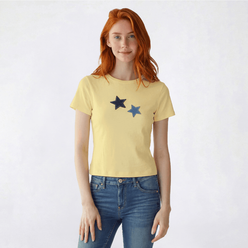 Juniors No Comment Star Denim Applique Baby Tee - Star
