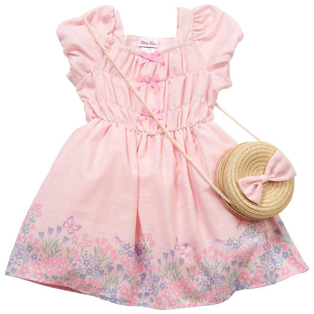 Girls (4-6x) Little Lass® Faux Linen Floral Border Dress