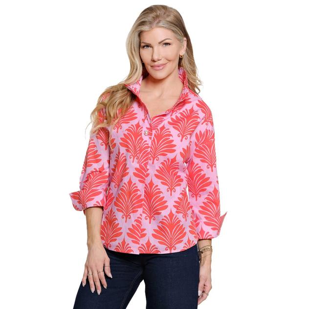 Plus Size Ali Miles 3/4 Sleeve Coral Shell Pearl Button Blouse