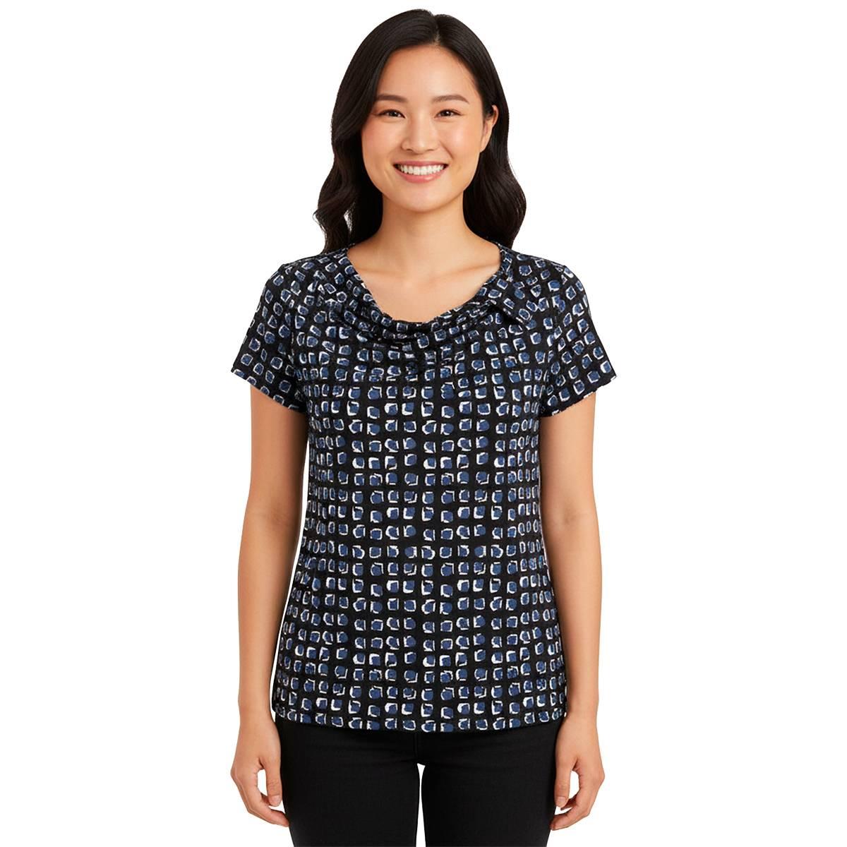 Petite Anne Klein Short Sleeve Asymmetric Neck Geometric Blouse