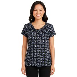 Petite Anne Klein Short Sleeve Asymmetric Neck Geometric Blouse
