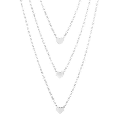 Fine Silver Plated 3 Heart Multi Row Pendant Necklace