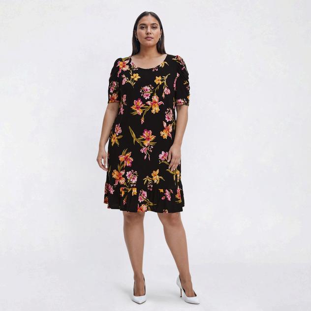 Plus Size MSK Puff Sleeve Floral Ruffle Hem Shift Dress