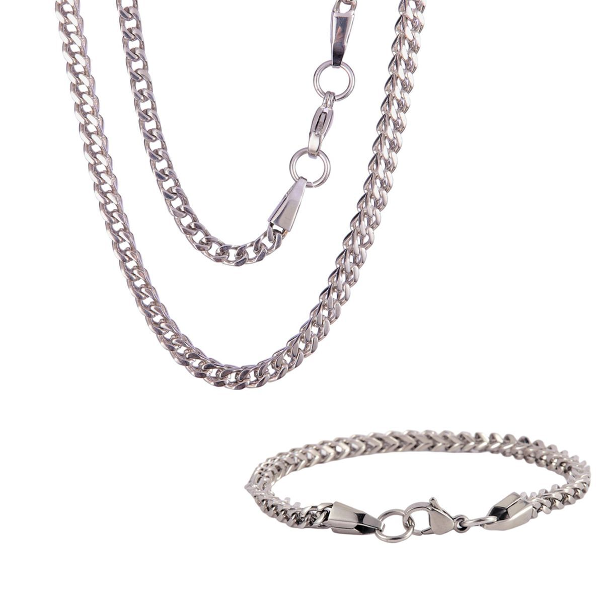 Mens Iron Saints Box Chain Link Silver-Tone Necklace Bracelet Set