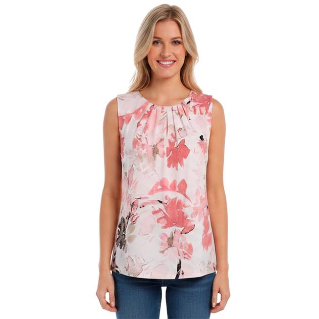 Womens Calvin Klein Sleeveless Pleat Neck Floral Blouse