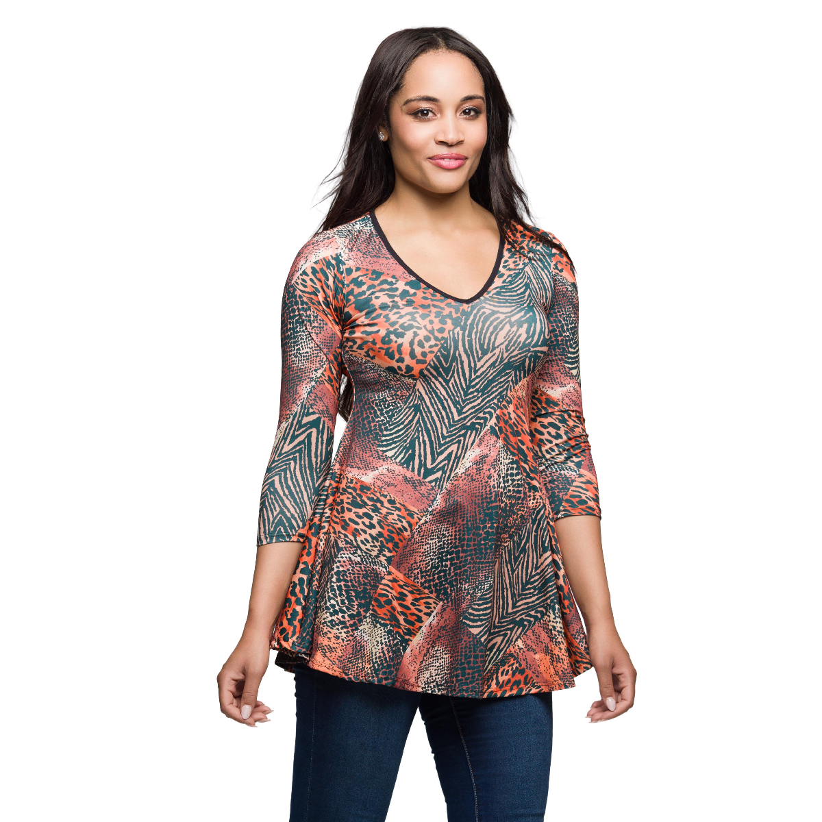 Womens 24/7 Comfort Apparel Animal V-Neck Tunic Top