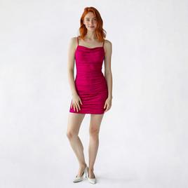 Juniors Emerald Sundae Glitter Ruched Drape Neck Sheath Dress