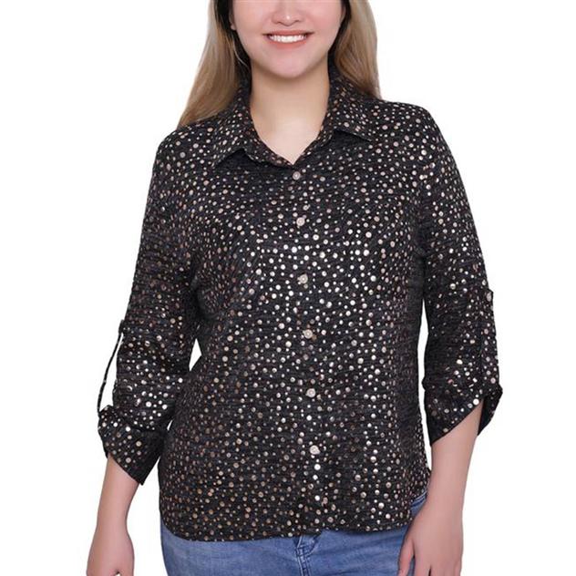Petite NY Collection 3/4 Roll Tab Sleeve Dot Button Down